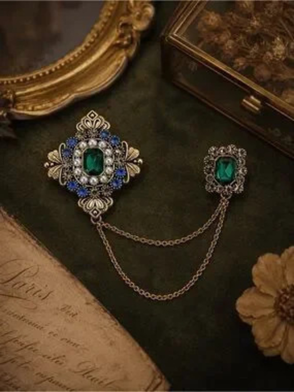 Vintage Emerald Filigree Brooch with Double Chain
